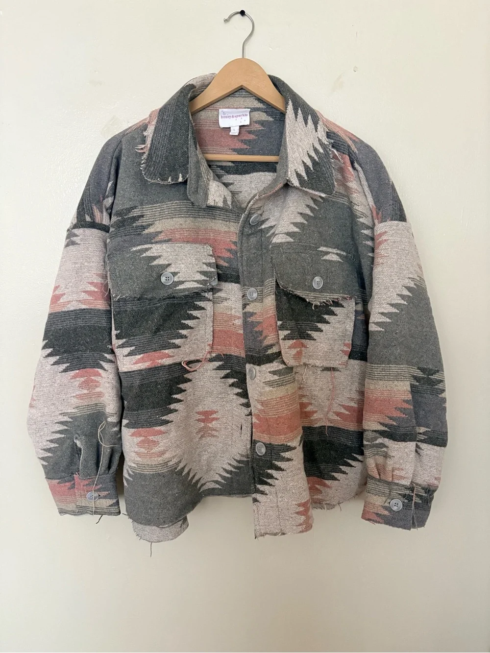 Vintage-Inspired Aztec Wool Blend Shacket in Gray and Rust